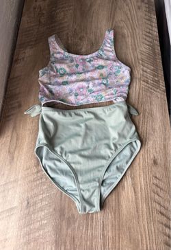 Wonder Nation green, pink and yellow floral print side tie one piece swimsuit size 10-12