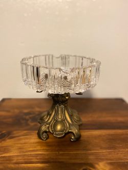 vintage Hollywood Regency crystal and brass ashtray