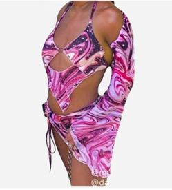 Women Marble Print Halter Backless Dress Split Long Sleeves Sexy Slim Fit Mini Dress