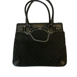 Gucci Vintage Jackie Horse Bit Black Signature Monogram Tote Satchel Dress Purse Handbag Bag, 204990