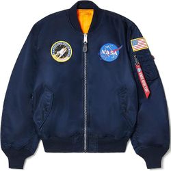 Alpha Industries NASA Space MA-1 Bomber Reversible Jacket Fighter Pilot Flight Rain Jacket Replica Blue Mens Womens Clothing Size Large 