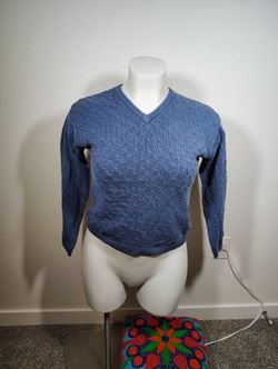 Vintage Essential Elements Cable Knit Sweater Womens Medium M Blue Cotton V Neck