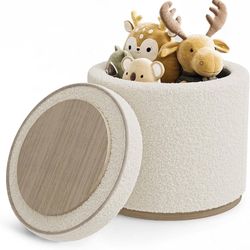 Round Ottoman with Storage, Ottoman Foot Rest, Boucle Small Ottoman, Foot Stool, Vanity Stool, Upholstered Sherpa Ottoman Support 250 lbs for Living R