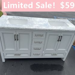 60”white double sink bathroom vanity with carrara white marble stone top