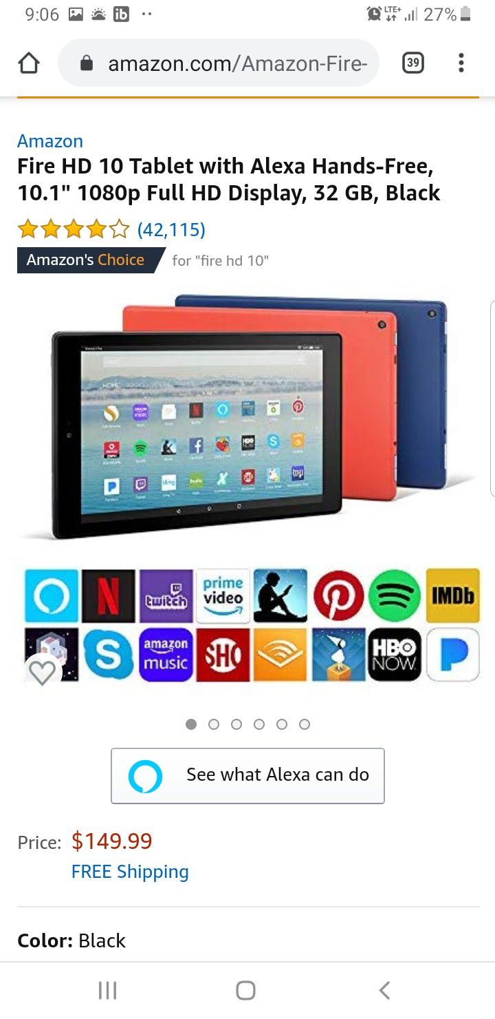Amazon fire tablet Full HD 10 inch with Alexa voice