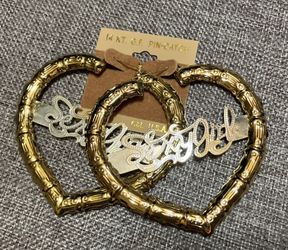 14K Gold Filled large heart earrings with “sexy girl” words. 3” Tall x 3 1/4” wide, new old stock