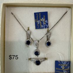 Sterling Silver 925 Blue Stone Jewelry Set – Necklace, Earrings & Ring – New w/ Box
