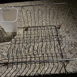 Metal dish rack with attached (removable) plastic utensil holder.