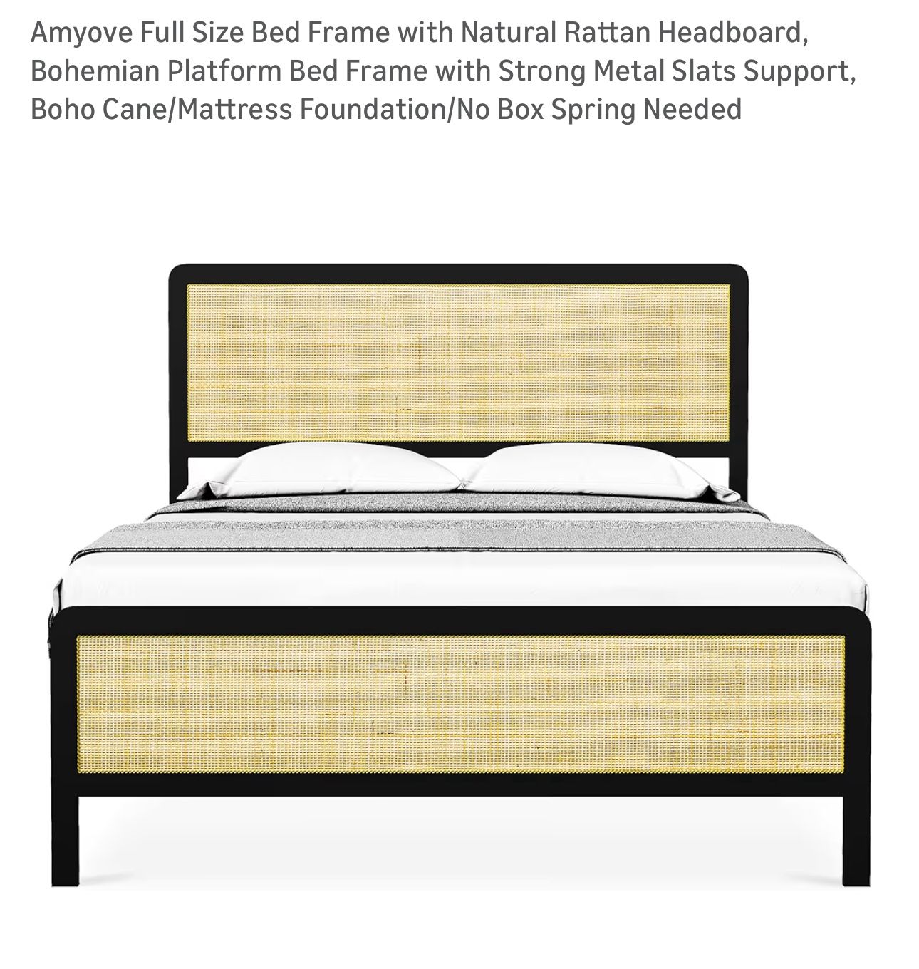 Full Size Bed Frame with Natural Rattan Headboard