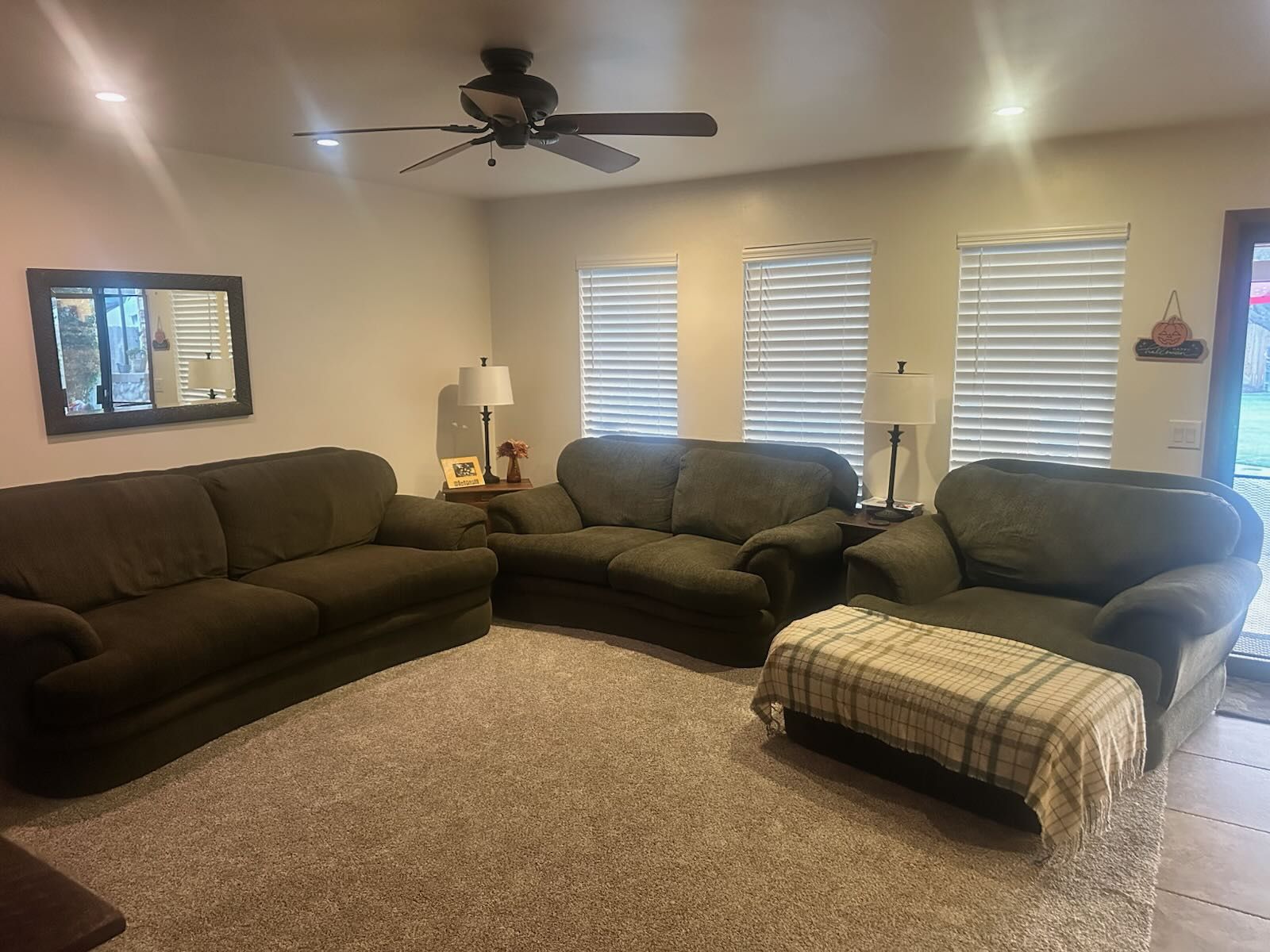 Couch, Love seat, Chair, Ottoman, Forrest green