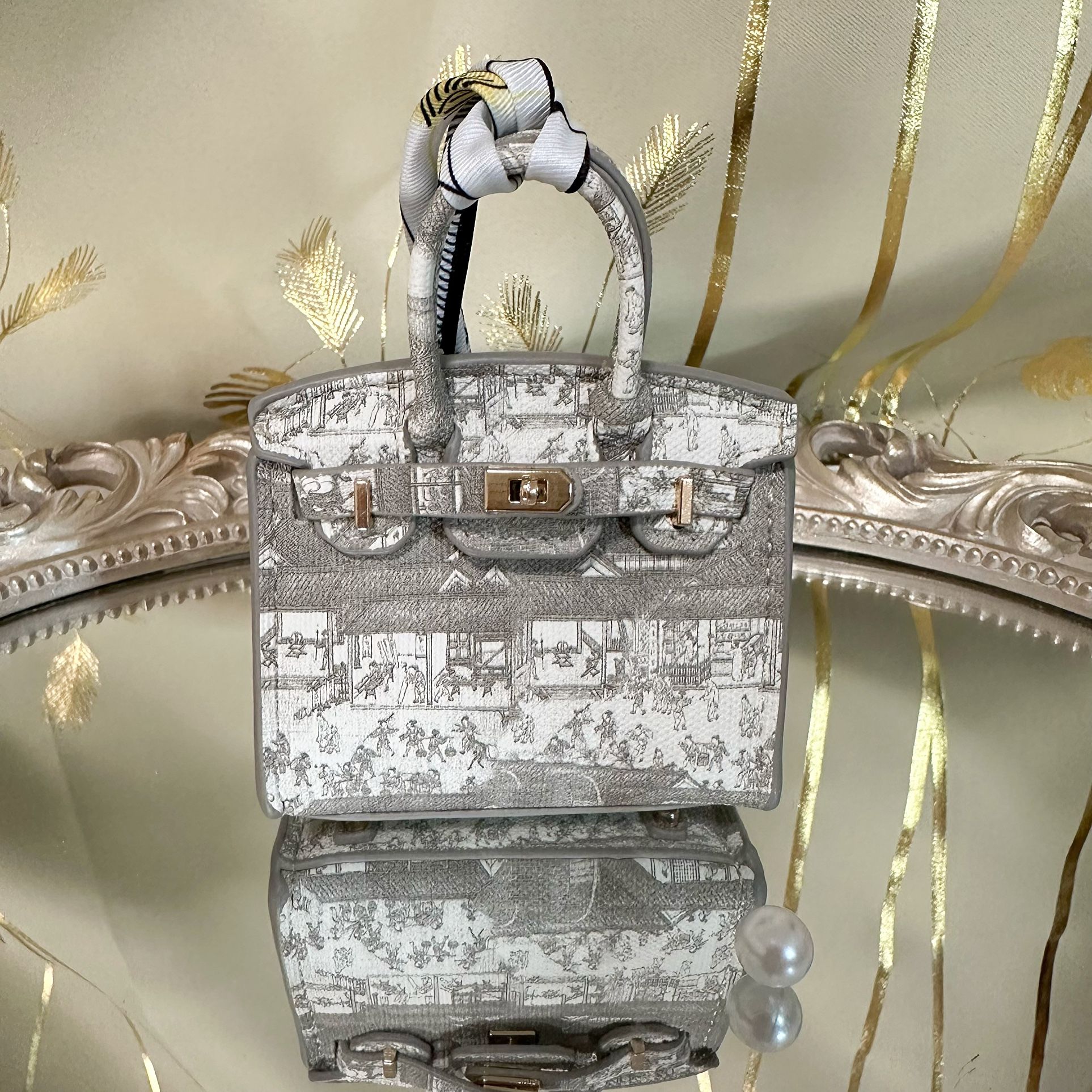 Handmade Mini Bag Charm | Chinese Scroll Art Purse Keychain | Qingming Riverside Scene
