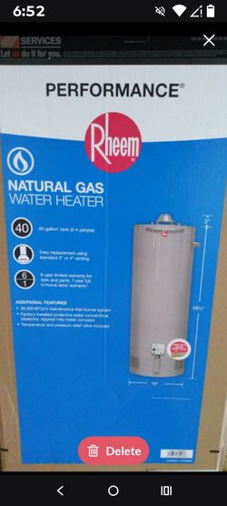 Brand New Rheem 40-Gallon Natural Gas Water Heater 40 GALLON (36,000 BTU)