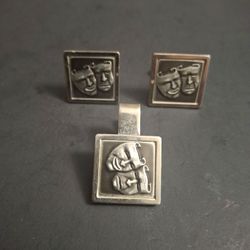 Vintage Mid 20th Century Set Of Cufflinks & Tie Clip With Comedy And Tradgedy Masks In Silvertone, Art Deco Style