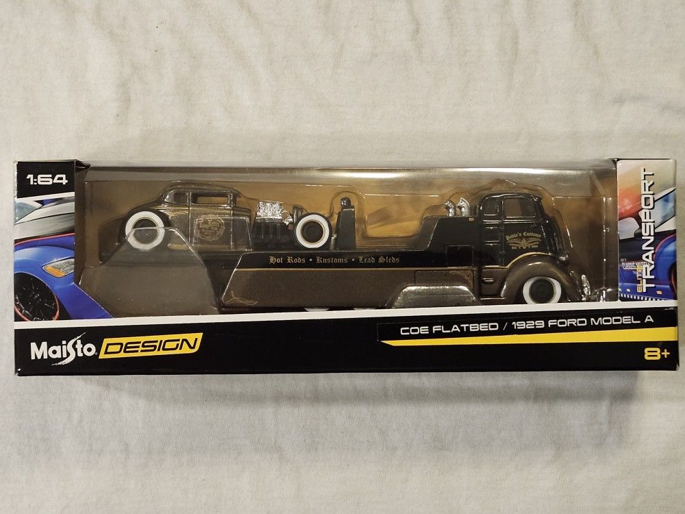 2020 MAISTO PREMIUM 1:64 SCALE. TRANSPORT. 1929 FORD MODEL A. WITH 1950'S COE FLATBED TOW TRUCK.