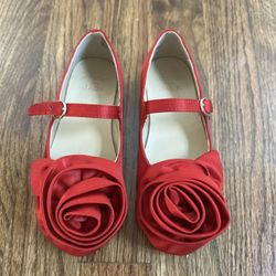 Janie And Jack Red Rose Satin Ballet Flat Size 9