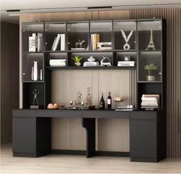 90.6 in. W Black Wood Computer Gaming Desk Home Office Desk, with 82.7 in. H Bookshelf, LED Lights, Drawers, Cabinets