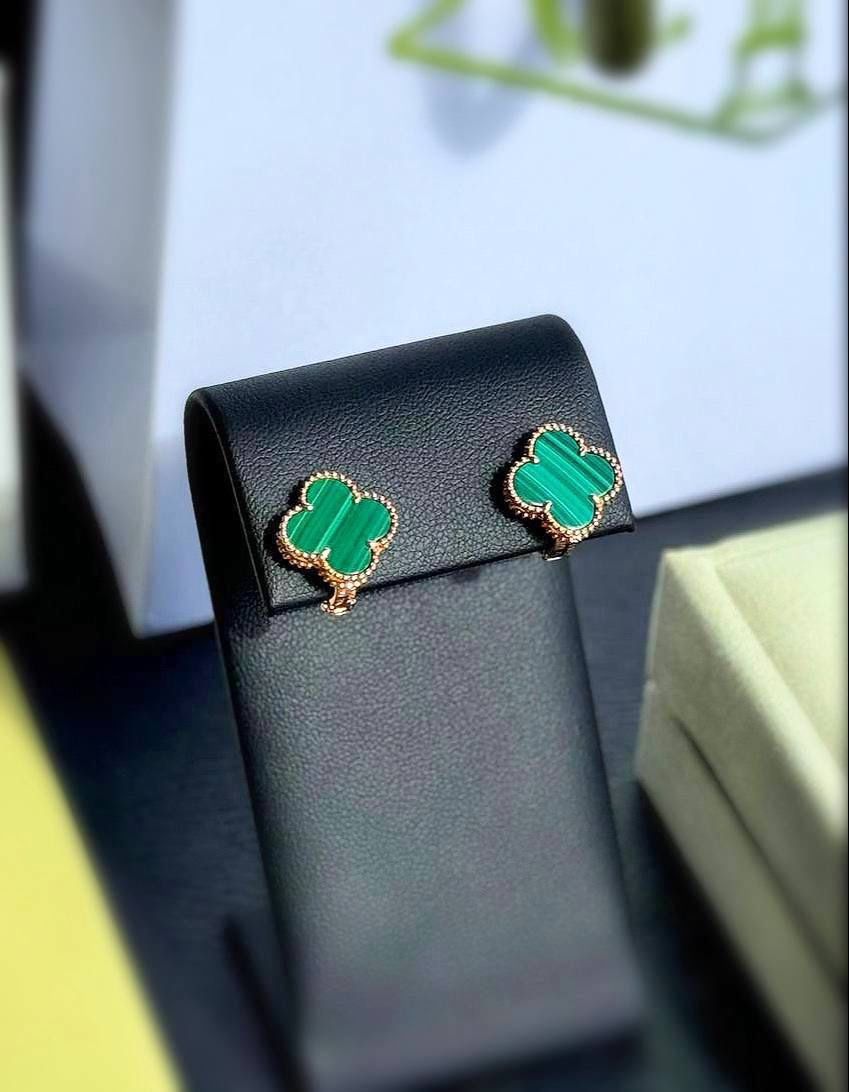 18k rose gold Van Cleef style Alhambra Green Malachite stone clover clip back earrings