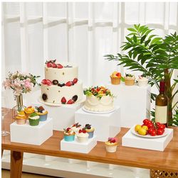 (F-43) Leinuosen 6 Pcs Extra Large Acrylic Buffet Risers, Square 6 to 11 In, White Clear Acrylic Buffet Risers for Food Dessert Display, Catering Wedd
