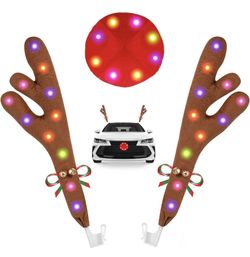 Reindeer Antlers for Cars, Car Reindeer Antlers & Nose with LED Multicolor Lights Jingle Bells, Car Christmas Decorations Antlers Kit Auto Holiday Acc