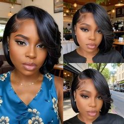 Wear and Go Wigs Side Part Short Bob Wig With Bangs Pre Cut Lace Human Hair Wigs