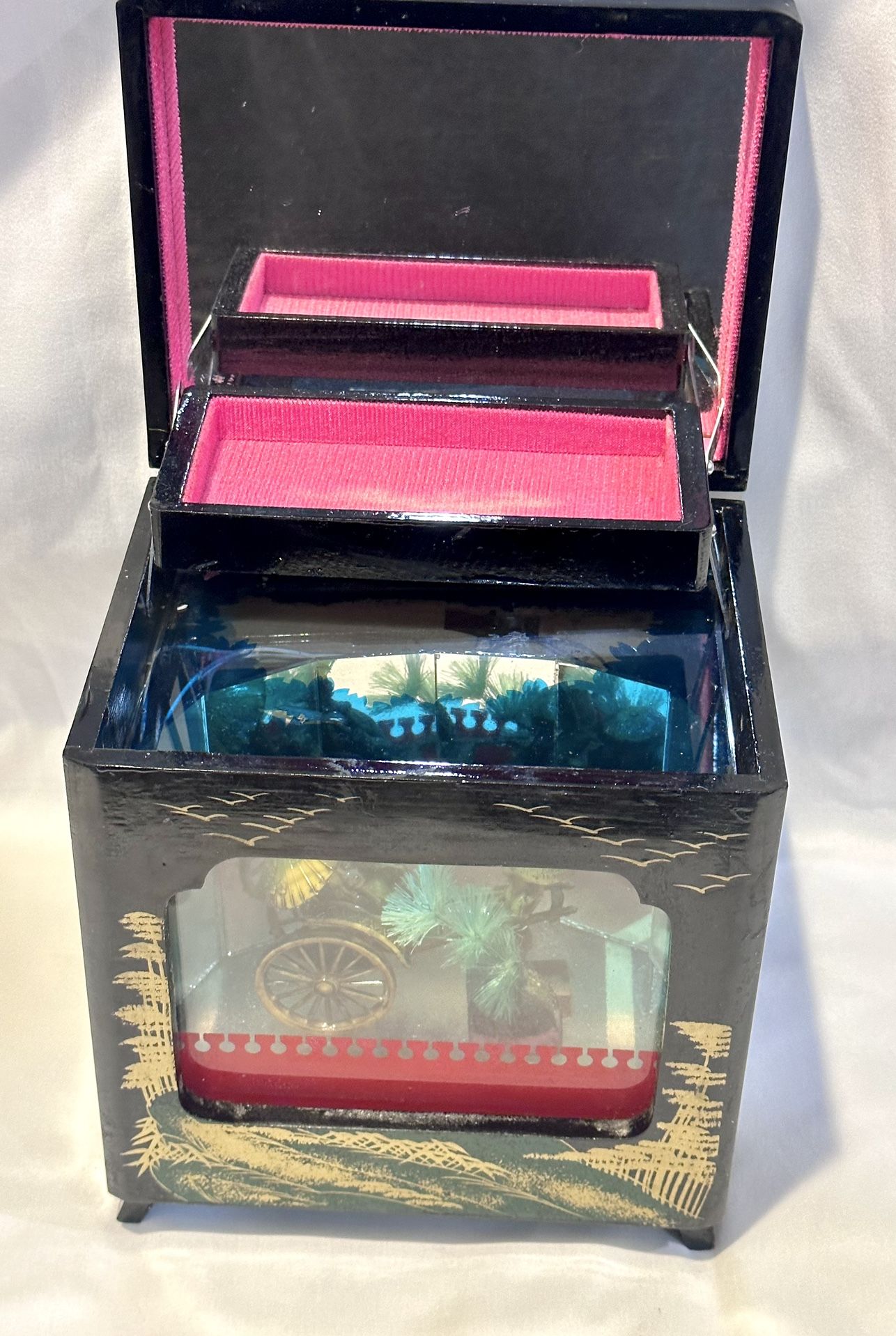 Vintage Rare Japanese Music Jewelry Box Japan Black LacquerWood TESTED Beautiful
