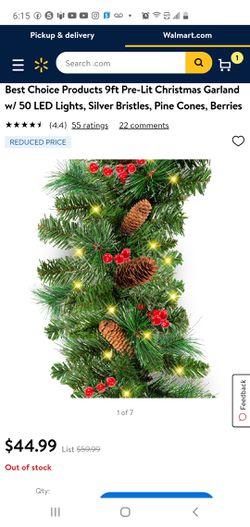 Best Choice Products 9ft Pre-Lit Christmas Garland w/ 50 LED Lights, Silver Bristles, Pine Cones, Berries