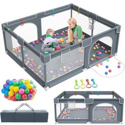 Baby Playpen, 79" x 63" Extra Large Play Yard Playpen for Babies and Toddlers with 50 Ocean Balls, Indoor & Outdoor Safety Baby Activity Center 