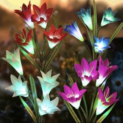 4 Pack Solar Flower Lights Outdoor, Waterproof Garden LED Lights with 16 Larger and More Realistic Lily Lights, Bigger Solar Panel, Auto On/Off Solar 