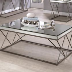 Set Of Mirrored Glass Coffee Table + 2 End Tables 