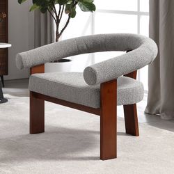 25Home: Gray Chunky Boucle Walnut Rubber Wood Chair, ***Free Delievry