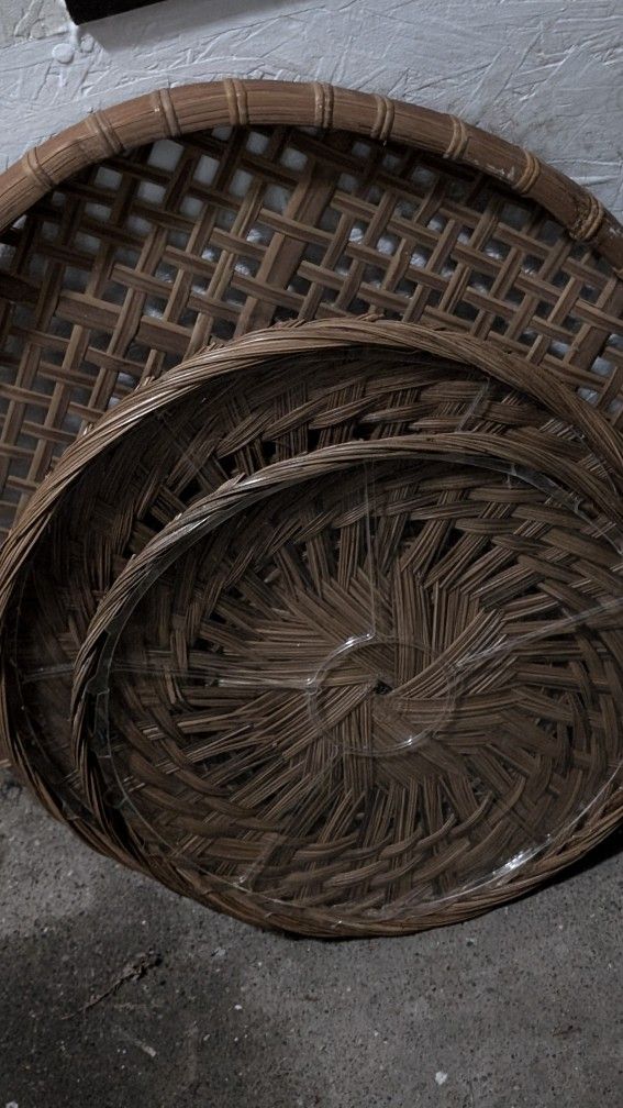 3 Round Bamboo Serving Trays, 2 With Removable, Washable, Divided Plastic Inserts. Could Be Wall Hangings. 16 1/2", 18", 23 1/2"