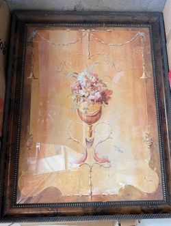 Large Framed Tuscan / Old World Style Wall Art – Decorative Flower Basket Print