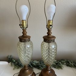 2 Vintage Lamps Glass Faux Wood Scrollwork MCM Mid Century 