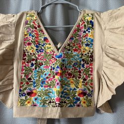 Women’s Embroidered Tie-Back Cropped Blouse