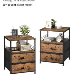 Nightstands Set of 2, Bedside Table with Fabric Drawers and Open Wood Shelf Storage, Bed Side Table with Metal Frame, Night Stand for Bedroom,