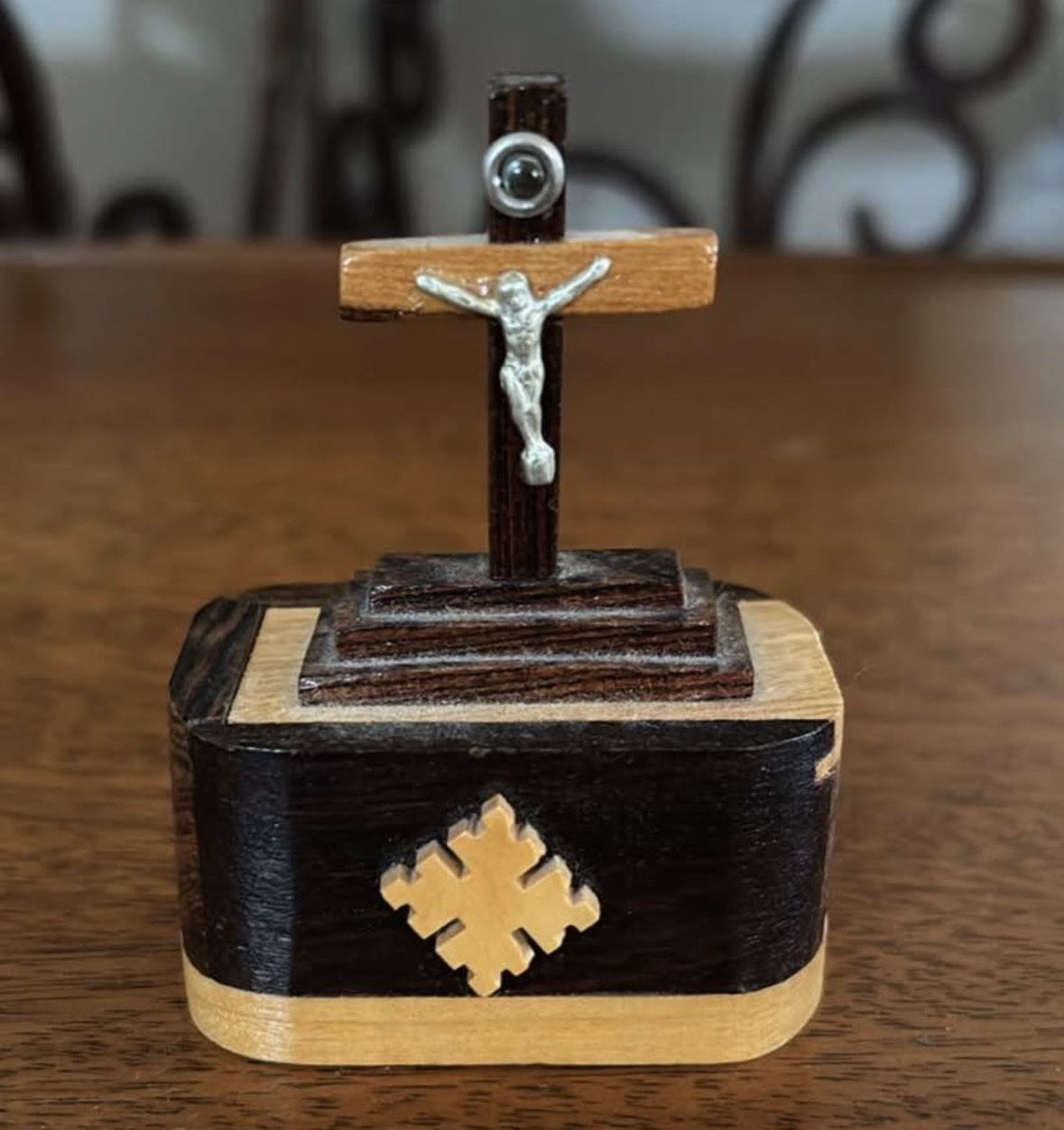 vintage small handmade wood crucifix box with holy sand from JERUSALEM Catholic