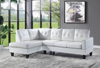 Brand New Tufted White Leatherette Sectional with Nail Head Design