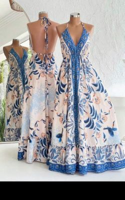 Boho blue and white floral halter maxi dress