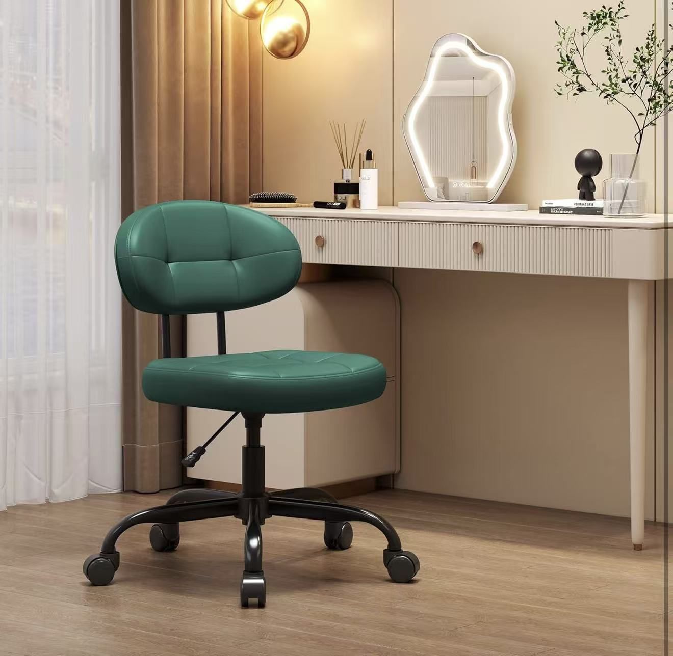 Vanity Chair with back, Small Cute office Chair, PU Leather Desk Computer Chairs, Green $30