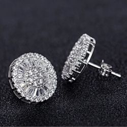 Baguette Cut 18K White Gold Plated Cubic Zirconia Cluster Men Women 13.5 mm Stud Earrings 