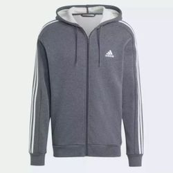 adidas Essentials Fleece 3-Stripes Full Zip Men's Hoodie - Grey, L