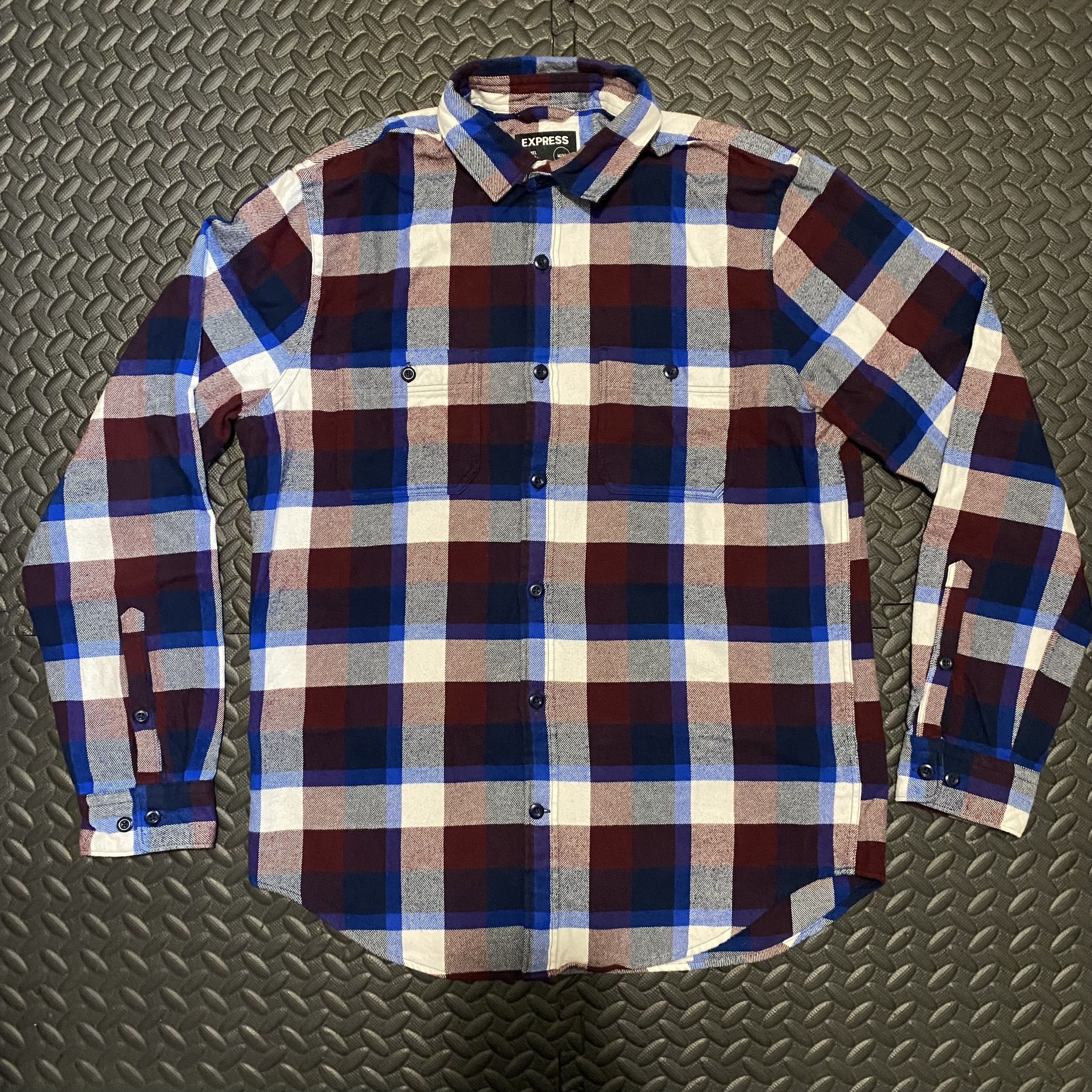 Mens Express Button Up Flannel Sz Medium Long Sleeve Shirt Plaid Blue