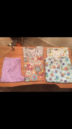 Medium scrub shirts and 1 scrub pants