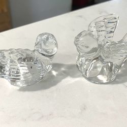 Set of 2 Adorable Vintage Glass Bird Mini Taper Candle Holders Clear Glass Birds - 2”