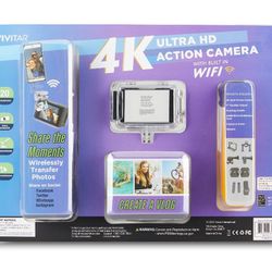 Vivitar 4K Ultra HD Action Camera Kit, Dual Screen with Wifi, Bonus Battery, Includes SD Card, Floating Handle, Tripod, Mounts