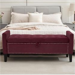 Storage Ottoman Bench, Velvet Upholstered Footstool for Bedroom and Living Room, Frosted Flannel Seat with Storage, Wooden Legs & Metal Rivets, red   