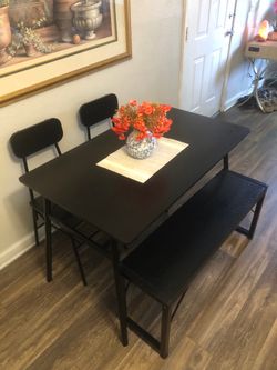 Black dining table set with 2 chairs and a Bench