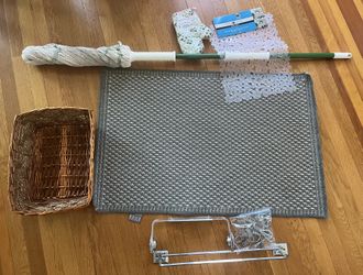 Lot of Miscellaneous Home Goods— Libman Mop, Rug, Basket, Towel Rack/ Shower Curtain Hooks, etc