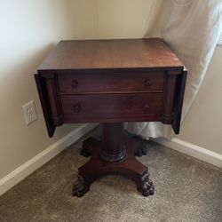 19th Century Antique, Two Drawer, Mahogany, Drop Leaf Side Table With Clawed Feet