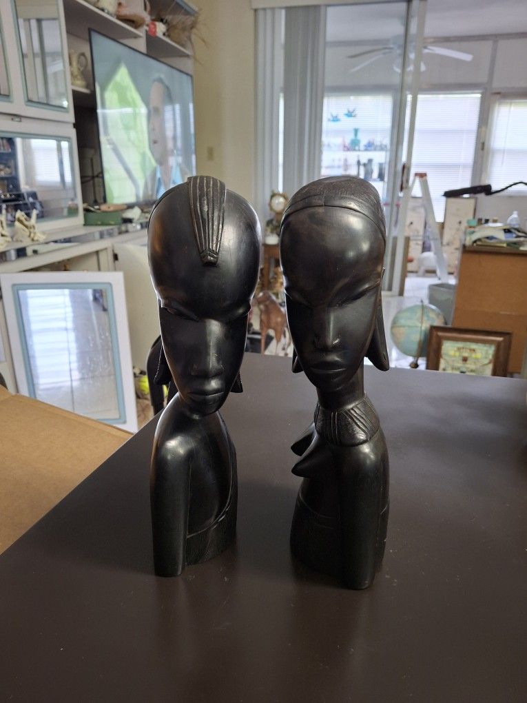 Vintage Set Of 2 African Hand-carved Ebony Wood Sculptured Busts, Tribal Folk Art Reflecting Kenya Or Maasai Origins